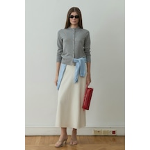 Suud Collection Ekru Leda Beli Lastikli Midi Etek