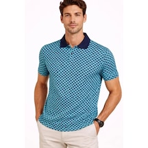 Modi Erkek Pike Kumaş Polo Yaka Desenli Tişört Kısa Kol Yazlık T-shirt - Turkuaz Çok Renkli