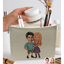 BK Gift Kişiye Özel Sevgililer Karikatürlü Keten Makyaj Çantası,