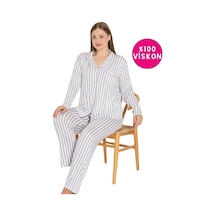 Kadın Büyük Beden Viskon Önden Düğmeli Göğüs Cepli Uzun Pijama 001