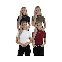 Hashtag Kadın Balıkçı Yaka Yarım Kol Body 4'lü Set Viskon Kumaş Beyaz, Siyah, Vişne Çürüğü, Haki Yeşili