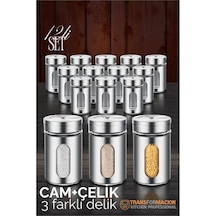 Zenvac Cam+çelik Tuzluk Biberlik Karabiberlik 3 Farklı Delikli 12 Li Set 721946 Zenvac29 Renkli