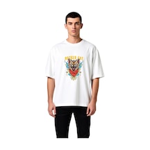 Paybuy Erkek Oversize Müzik Baskılı Tişört Rocker Kedi Grafik Desen Raha Beyaz