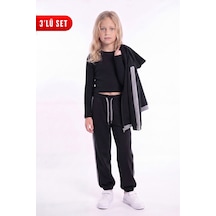 Panios Kids Kız Çocuk Fitilli Crop Ve Şerit Detaylı Eşofman Takımı Seti Siyah