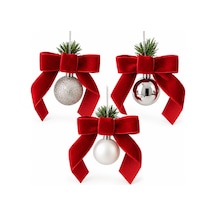 3 Lü Kırmızı Kadife Fiyonklu Yılbaşı Topu Seti Noel Ve Çam Ağacı Asma Süsü Dekoratif Yılbaşı Süsü Kırmızı - 936260202