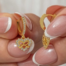 Gümüş Gold Kalp Kurdele Sallantılı Kadın Küpe Gold