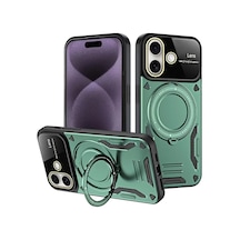 Newface Apple İphone 16 Kılıf Joy Lens Standlı Kapak - Koyu Yeşil