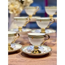 6lı Arlen Çiçek Tabaklı Yeşil Gold Ayaklı Türk Kahve Fincan Takımı