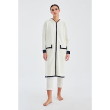 Peraluna Nara Long Cardigan %100 Pamuk Kapüşonlu Kadın Triko Hırka Ekru/lacivert-ekru/lacivert Ekru - Lacivert