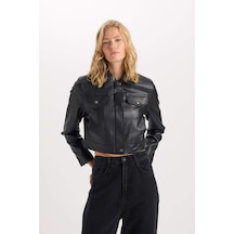 DeFacto Su İtici Suni Deri Mont Polo Yaka Cepli Fermuarlı Çıtçıtlı D5774AX25SPBK27 Siyah