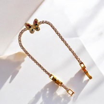 Kırmızı Sanat Evi Renkli Kelebek Figürlü Gold Su Yolu Taşlı Klipsli Çelik Bileklik
