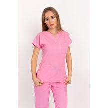 Şeker Pembe Renk Likralı Doktor Hemşire Cerrahi Tek Üst Forma Pembe