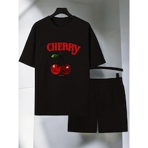 Uyguntarz Unisex Happy Cherry Baskılı Tasarım Şort Takım Siyah