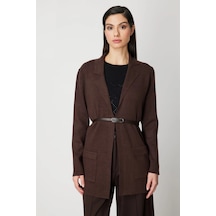 On Fashion Kadın Önü Açık Cepli Kemerli Kahverengi Hırka 69907 Kahve