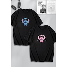Unisex Kadın Erkek Lilo Ve Angel Baskılı Sevgili Çift Kombini Tasarım Oversize Tshirt 2li Siyah Mck0214 Siyah