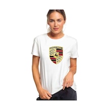 Porsche Logo Baskılı Beyaz Kadın Tshirt