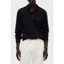 Tommy Hilfiger Örgü Desenli Triko Düğmeli Polo Yaka Kazak Erkek Kazak Mw0mw41955 Bds Siyah
