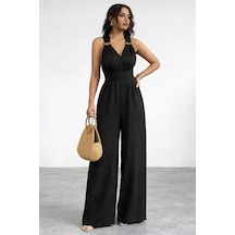 Meridefashion Kadın Askılı Halka Detaylı Arkadan Çapraz Yazlık Tulum 2xl/3xl Siyah