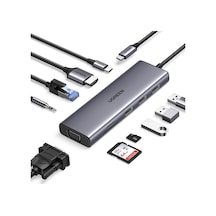 Ugreen 10IN1 Type-c To 3 Usb 3.0 4K/30Hz Hdmı Vga Gigabit Ethernet Aux Sd Tf Kart Okuyucu Çoklayıcı Hub
