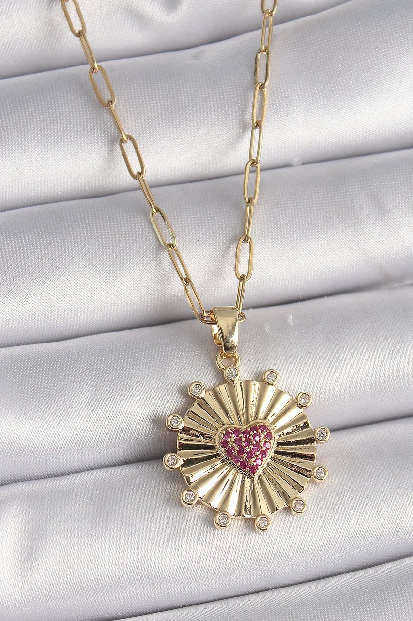 316l Çelik Gold Renk Pembe Zirkon Taşlı Kalp İşleme Madalyon Model Kadın Kolye Renkli
