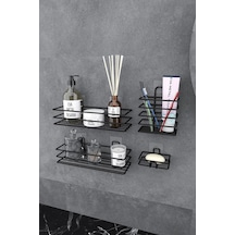 Eva Metal Tasarim Yapışkanlı Banyo Seti Duş Rafı + Sabunluk + Diş Fırçalık Metal Set Siyah
