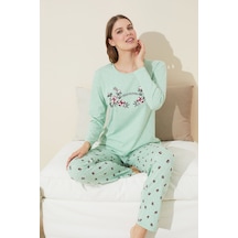 Siyah İnci Pamuklu Örme Pijama Takım 24240119 Yeşil