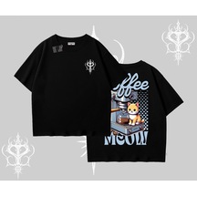 Tarzsokak Coffee Meow Kahve Temalı Kedi Arka Baskılı Oversize Tshirt Siyah