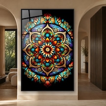 Siyah Fonda Vitray Renklerinde Detaylı Simetrik Mandala Siyah Çerçeveli Cam Tablo