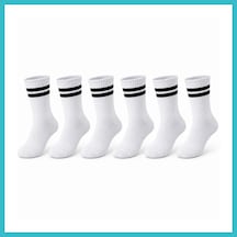 Bezos Unisex Beyaz Çorap Siyah Çizgili 6'lı Set Uzun Soket Günlük Spor Kolej Stil Rahat Kadın Erkek Çorabı Dfnbez