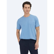 Mavi Düz Bisiklet Yaka %100 Pamuk T-shirt Mavi