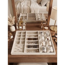 Homebiente Xlarge 50x36,5 Cm Krem Kadife Saat, Gözlük, Yüzük Ve Küpe Takı Organizer Tablası