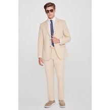 Erkek Bej Slim Fit Dar Kesim Mono Yaka Beli Bağlamalı Kapak Cepli Esnek Takım Elbise Bej Erkek Bej Slim Fit Dar Kesim Mono Yaka Beli Bağlamalı Kapak Cepli Esnek Takım Elbise Bej