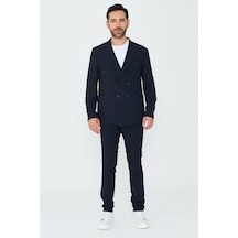 Lacivert Kruvaze İnce Çizgili 6 Drop Regular Fit Takım Elbise Laci