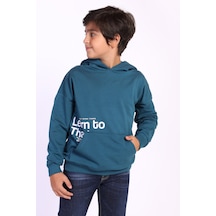 Toontoy Kids Toontoy Erkek Çocuk Kapüşonlu Kanguru Cepli Baskılı Sweatshirt Petrol Mavi