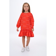Toontoy Kız Çocuk Baskılı Relax Fit Bisiklet Yaka Reglan Uzun Kollu Volanlı Elbise - Turuncu