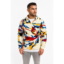 Erkek Yarım Fermuarlı Desenli Polar Sweat - Renkli Abstract Desen Yakalı, Uzun Kollu, Oversize Rahat Kalıp, - Beyaz Siyah