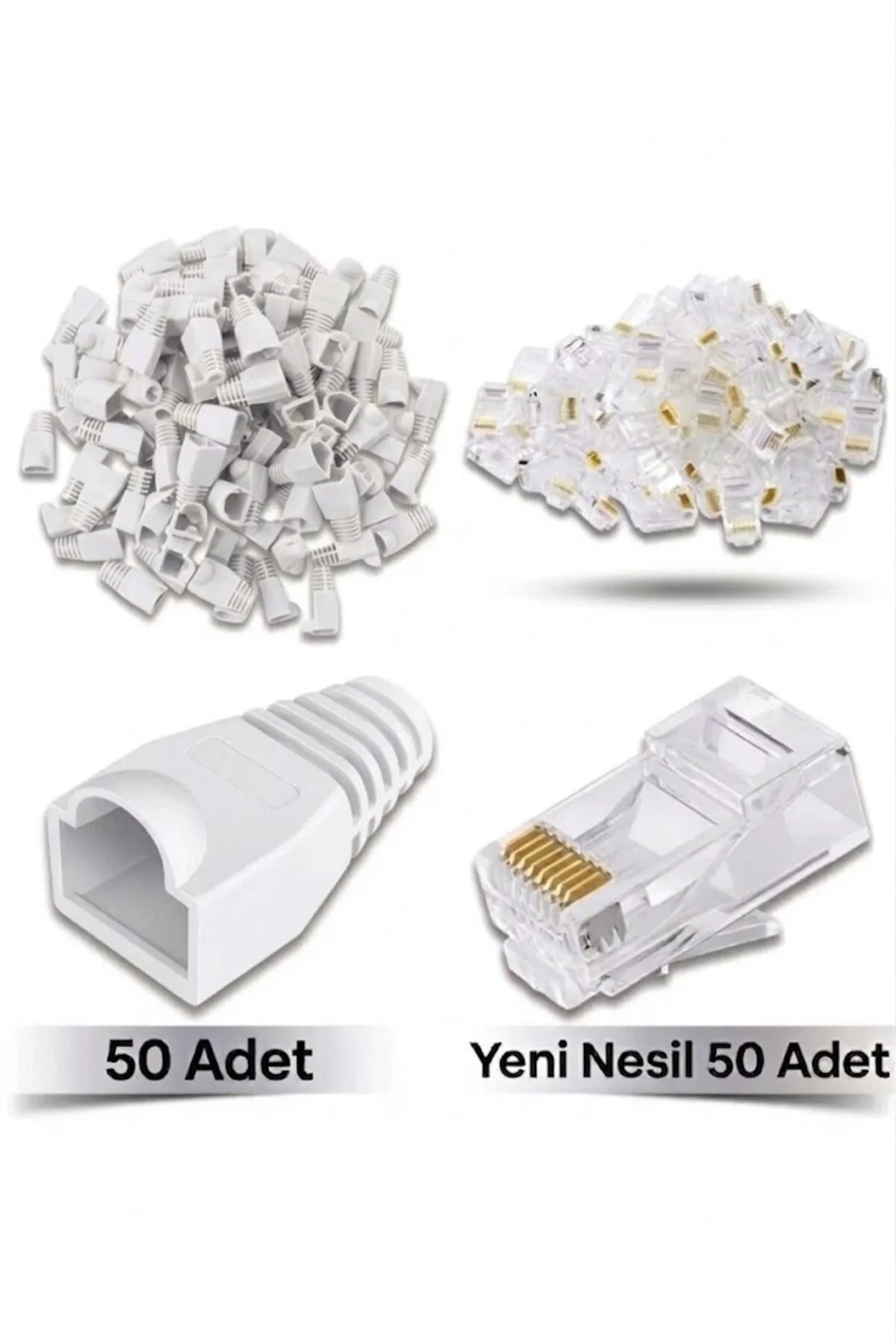 50 Adet Yeni Nesil Ez Rj45 8p8c + 50 Adet Cover Set Rj45 2in1 Cover Jak Ethernet Soket Set Beyaz