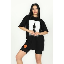 Şamdan Baskılı Oversize Tshirt Siyah-siyah Siyah
