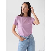 Lcw Everyday Lila Nakışlı Soft Touch Kadın Tişört