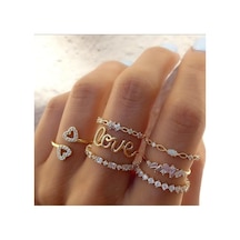 Love Aşk 7 Parça Tasarım Gold Altın Taşlı 14 Şubat Sevgiliye Hediye Yüzük Seti