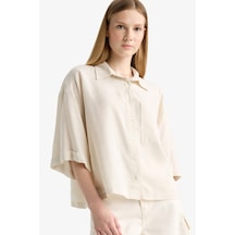 Defacto Coool Oversize Geniş Kalıp Keten Karışımlı Kısa Kollu Gömlek F5848ax25smbg286 Bej