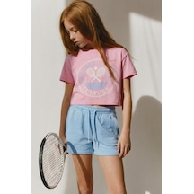 Magu Kız Çocuk Pamuklu Pembe Baskılı Crop T-shirt Mavi Şort Takım Çok Renkli