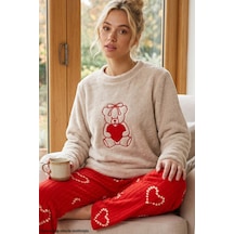 Siyah İnci Krem Nakışlı Üst Wellsoft Alt Polar Kışlık Örme Pijama Takım 26221708