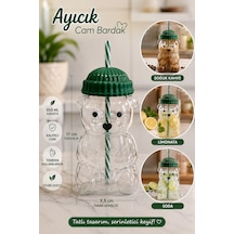 Barista Ayıcık Figürlü Cam Soğuk İçecek Limonata Meşrubat Bardağı Silikon Pipet Ve Kapaklı 550 Ml Şeffaf