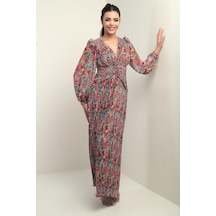 By Saygı Kadın V Yaka Astarlı Çiçek Desenli Komple Pileli Şifon Uzun Elbise-40822 Mint