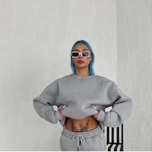 Kadın Bisiklet Yaka 3 İplik Pamuklu Basic Sweatshirt - Gri