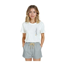 Kadın Beyaz Relaxed Fit %100 Pamuk Tişört İnce Çizgisel Soyut B Beyaz