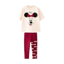 Lolliboomkids Kız Çocuk Fiyonk - Kurdela Aplike Detaylı Bordo - Kırmızı Renk Baskılı T-shirt Tayt Alt Üst Takım Bordo