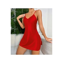 Lily Bianca Nightwear İp Askılı Yırtmaçlı Saten Gecelik Kırmızı