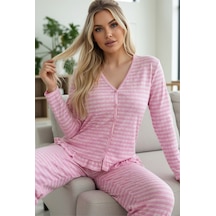 Siyah İnci Bürümcük-krınkıl Uzun Kollu Düğmeli Örme Pijama Takım 7990 Pembe